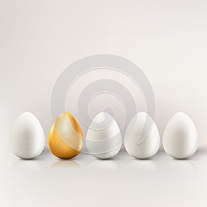 Uniqueness, individuality, different business creative concept. Vector illustration of white eggs and one golden egg