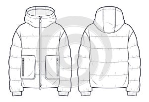 Unisex Hooded Zip-up Puffer Jacket technical fashion Illustration. photo