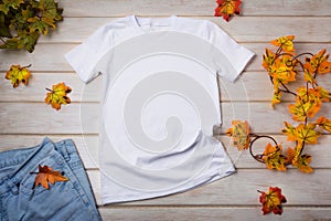 Unisex T-shirt mockup with fall leaves