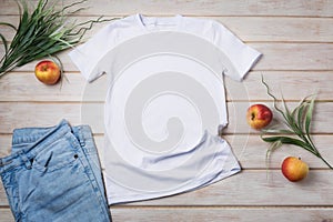 Unisex T-shirt mockup with grass and apples