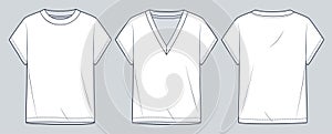 Unisex Tee Shirt fashion flat tehnical drawing template. T-Shirt technical fashion Illustration, short sleeve, v-neck, round neck