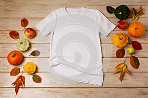 Unisex white T-shirt mockup with fall decor