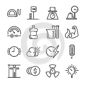 Unit of measurement icon set. Included the icons as miles, meter, tonne, kilogram, decibel, degrees Celsius and more.