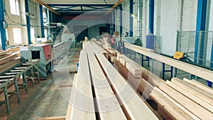 Unit of a woodworking factory with lots of wooden balks