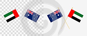 Unitad Arab Emirates and Australia crossed flags. Pennon angle 28 degrees. Option with different shapes and colors of flagpoles -