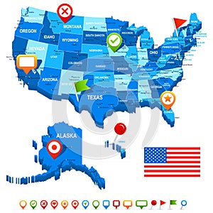 Unite States (USA) 3D, flag and navigation icons - illustration.