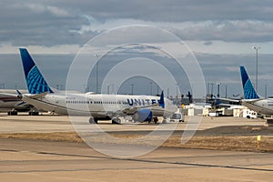 United Airlines Boeing 737 Max 9 jet N77558 grounded at Washington DC's Dulles International Airport