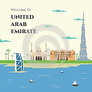 United Arab Emirates colorful flat style, vector illustration. Welcome to United Emirat Arab. Cityscape with all famous buildings