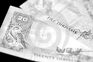 United Arab Emirates dirhams. Monochrome money background