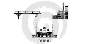 United Arab Emirates, Dubai flat travel skyline set. United Arab Emirates, Dubai black city vector illustration, symbol