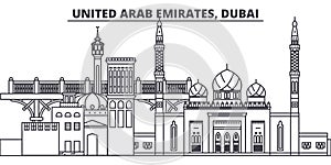 United Arab Emirates, Dubai line skyline vector illustration. United Arab Emirates, Dubai linear cityscape with famous