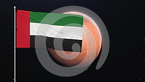 United Arab Emirates flag on mars planet. 3d render. UAE space program concept
