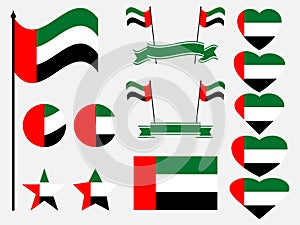 United Arab Emirates flag set. Collection of symbols, flag in heart. Vector