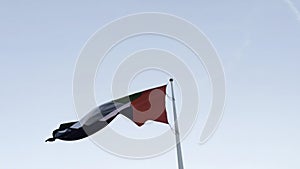 United Arab Emirates flag waving in the wind. Action. Flag against blue sky.