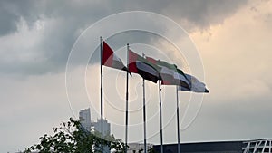 United Arab Emirates flags waving in Abu Dhabi city against a cloudy sunset