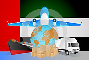 United Arab Emirates logistics concept illustration. National flag of United Arab Emirates from the back of globe, airplane, truck