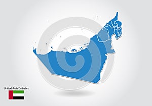 United Arab Emirates map design with 3D style. Blue UAE map and National flag. Simple vector map with contour, shape, outline, on