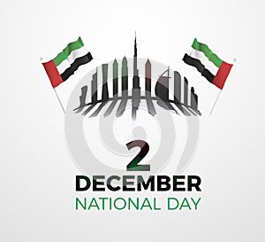 United Arab emirates national day december the 2nd. Vector illustration of uae event. Text, flags and skyline photo