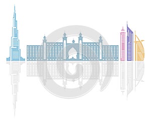 United Arab Emirates skyscrapers silhouette. Dubai buildings, hotels and symbol vector illustration. Dubai city skyline. Towers