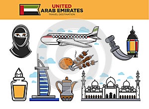 United Arab Emirates travel destination poster with country symbols