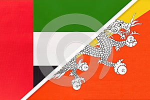 United Arab Emirates or UAE and Bhutan, symbol of national flags from textile. Championship between two countries