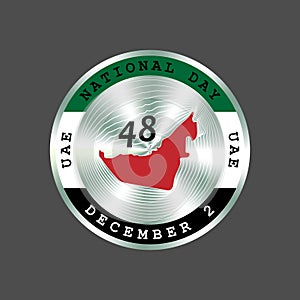 United Arab Emirates UAE National Day, December 2. 48th anniversary circle colorfull and silver badge with flag and map