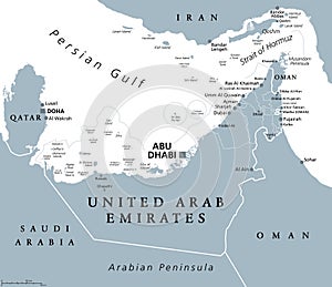 United Arab Emirates, UAE, simply the Emirates, gray political map
