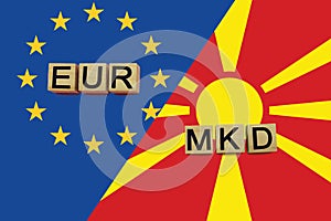 United Europe and Macedonia currencies codes on national flags background