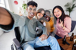 United group of diverse young people having fun together at home