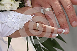 United hands of the bride and groom close up