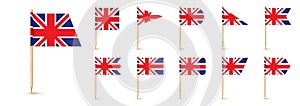 United kindom toothpick flag isolated on wood stick with white paper. Great Britain Realistic little tooth pick for