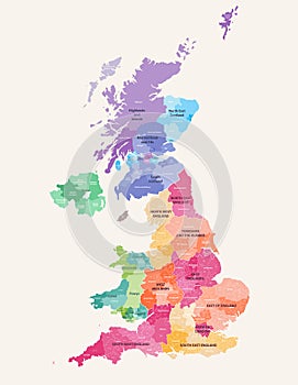 United Kingdom administrative districts high detailed vector map colored by regions with editable and labelled layers photo