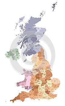 United Kingdom administrative districts vector high detailed map colored by regions and counties