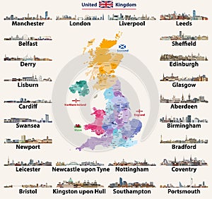 United Kingdom cities skylines. Detailed map of United Kingdom with countries England, Wales, Scotland, Northern Ireland and reg