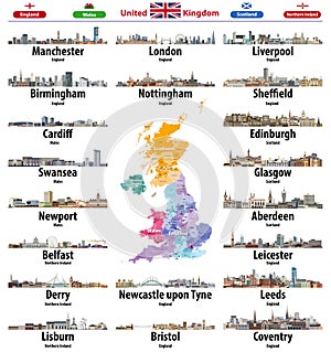 United Kingdom cities skylines icons. High detailed map of United Kingdom with countries and regions borders. All layers editable