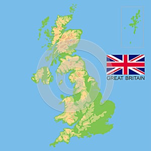 United Kingdom. Detailed physical map of the Great Britain colored according to elevation, with rivers, lakes, mountains. Vector