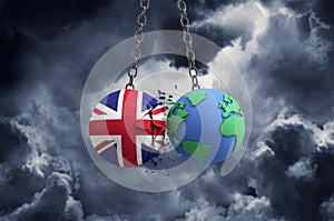 United Kingdom flag ball smashing into planet earth. Global impact and disaster concept. 3D Render