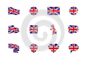 United Kingdom flag - flat collection. Flags of different shaped twelve flat icons