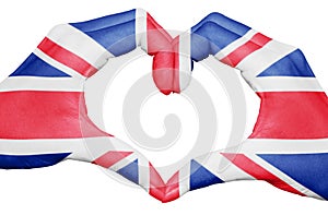 United kingdom flag painted on hands forming a heart isolated on white background, UK national and patriotism concept