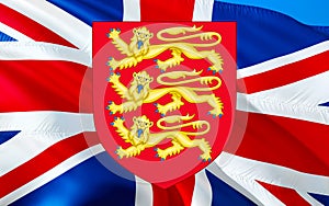United Kingdom flag with Royal arms of England. British royal Coat of arms of Great Britain. UK Royal. UK  National emblem England