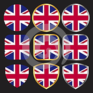 United kingdom flag vector icon set with gold and silver border