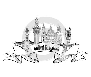United Kingdom of Great Britain label. Famous english places