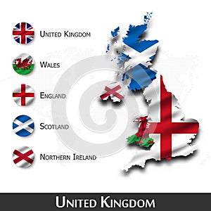 United kingdom of great britain map and flag  Scotland . Northern ireland . Wales . England  . Waving textile design . Dot world photo