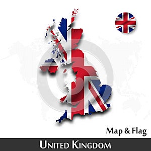 United kingdom of great britain map and flag . Waving textile design . Dot world map background . Vector