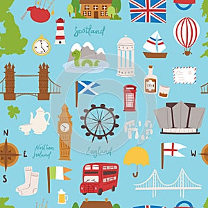 United kingdom great britain travel tourism vector illustration seamless pattern