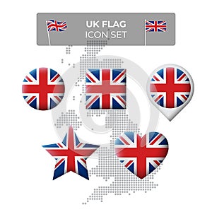 United Kingdom, great britain wavy flag icons set in shape of square, heart, circle, stars, pointer, map marker. Mosaic map
