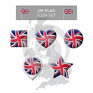 United Kingdom, great britain wavy flag icons set - square, heart, circle, stars, pointer, map marker. Map great britain. Vector