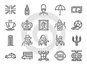 United Kingdom icon set. Included the icons as tea time, British pound, London taxi, queen, flag, bus, Big ben tower and more