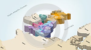 United Kingdom isometric map colored by local government subdivisions and countries, with neighbouring countries on background