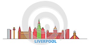 United Kingdom, Liverpool line cityscape, flat vector. Travel city landmark, oultine illustration, line world icons